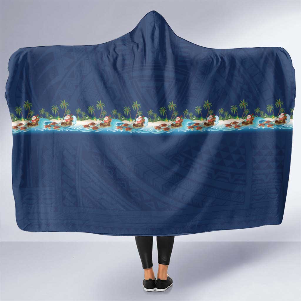 Hawaii Santa Riding Sea Turtle Hooded Blanket Mele Kalikimaka Polynesian Pattern LT01 One Size Blue - Polynesian Pride