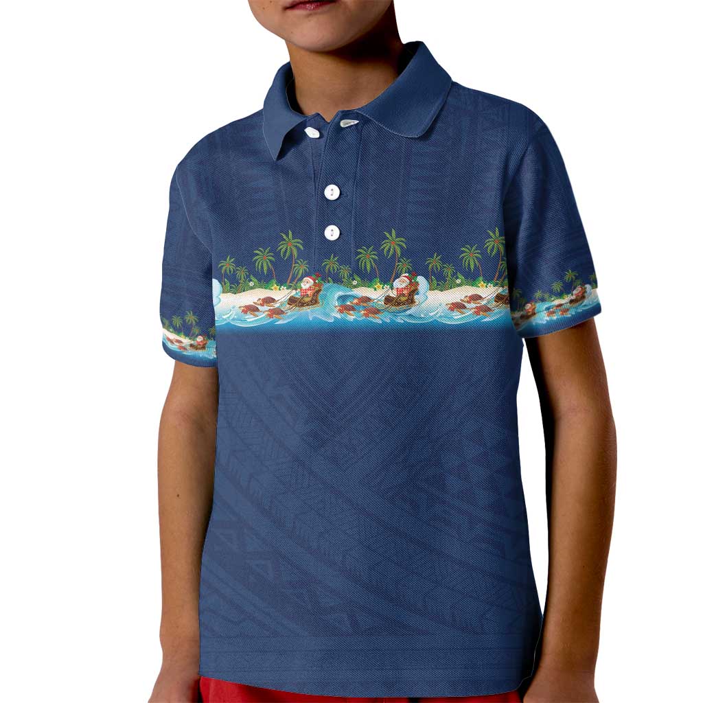 Hawaii Santa Riding Sea Turtle Kid Polo Shirt Mele Kalikimaka Polynesian Pattern - Polynesian Pride