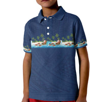 Hawaii Santa Riding Sea Turtle Kid Polo Shirt Mele Kalikimaka Polynesian Pattern - Polynesian Pride