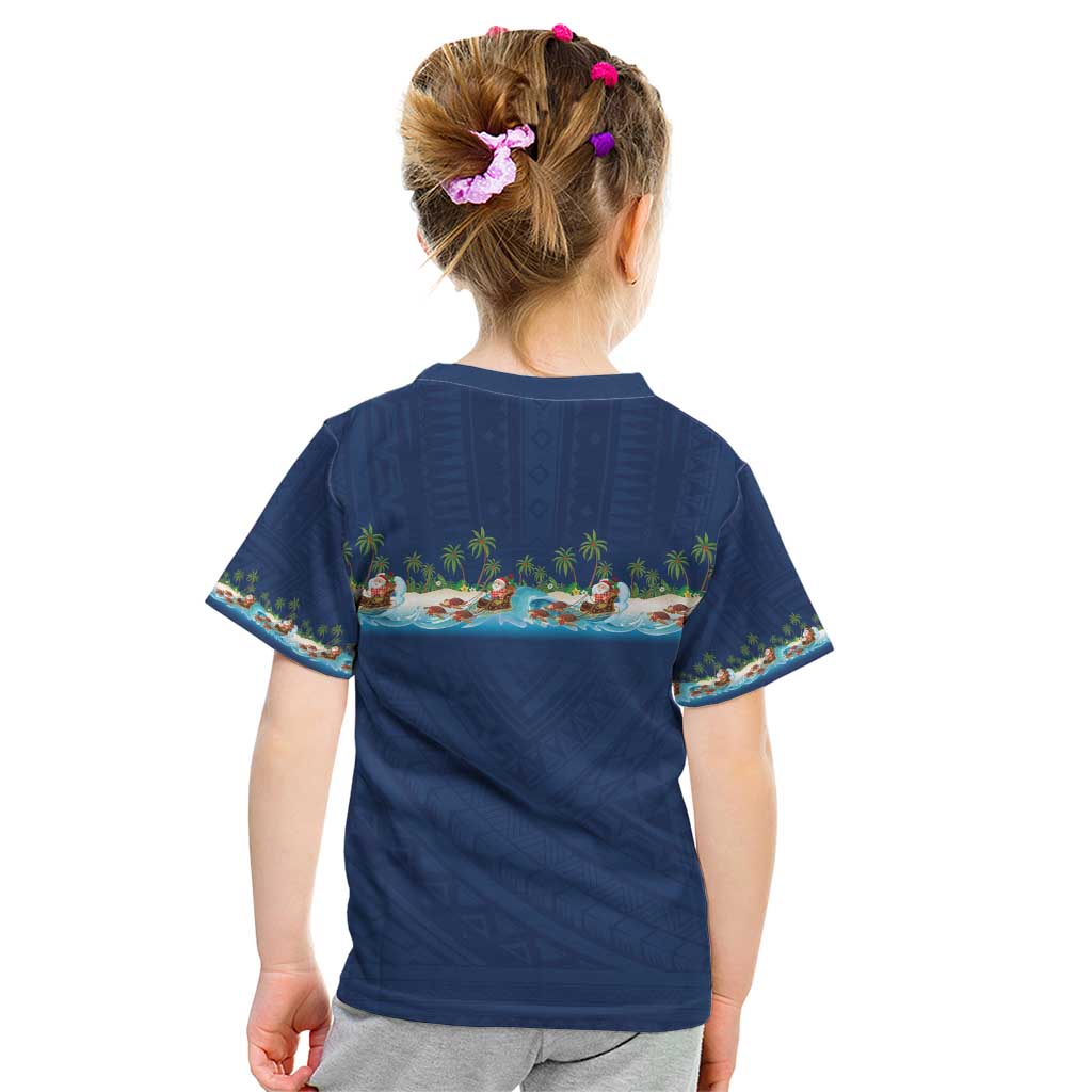 Hawaii Santa Riding Sea Turtle Kid T Shirt Mele Kalikimaka Polynesian Pattern - Polynesian Pride