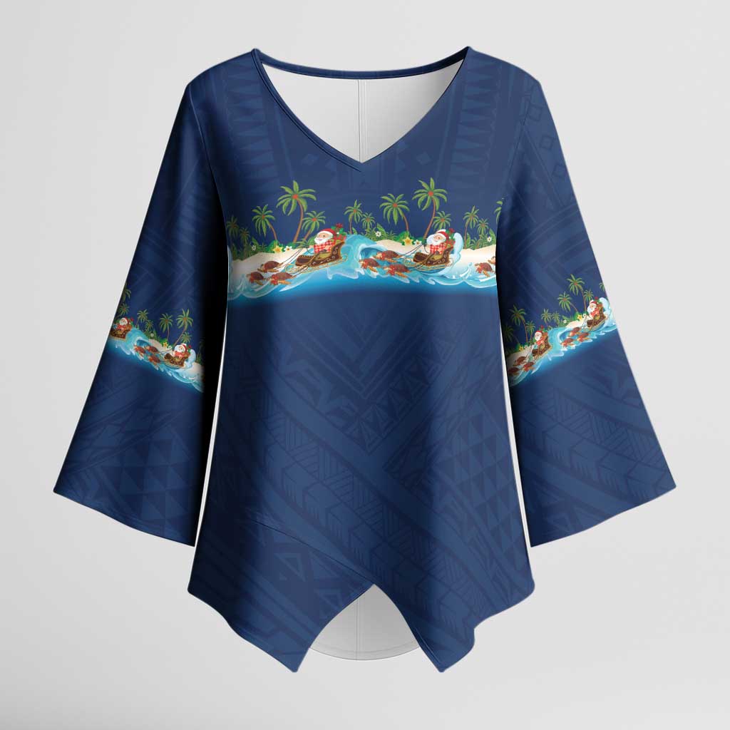 Hawaii Santa Riding Sea Turtle Kimono Sleeve Blouse Mele Kalikimaka Polynesian Pattern LT01 Female Blue - Polynesian Pride