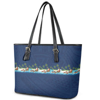 Hawaii Santa Riding Sea Turtle Leather Tote Bag Mele Kalikimaka Polynesian Pattern - Polynesian Pride
