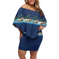 Hawaii Santa Riding Sea Turtle Off Shoulder Short Dress Mele Kalikimaka Polynesian Pattern - Polynesian Pride