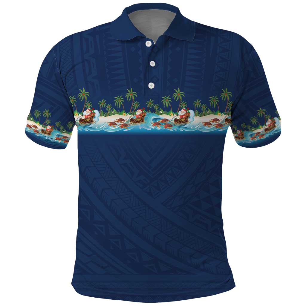 Hawaii Santa Riding Sea Turtle Polo Shirt Mele Kalikimaka Polynesian Pattern - Polynesian Pride