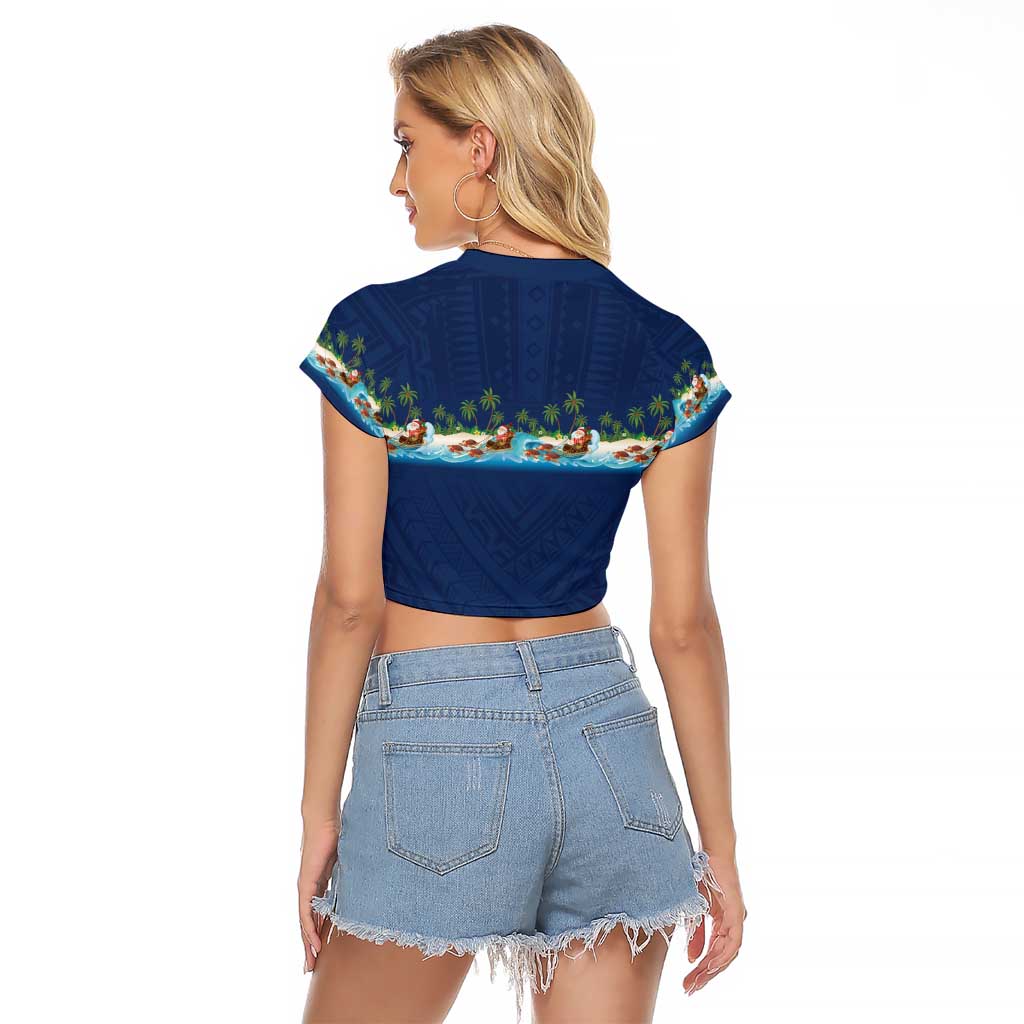Hawaii Santa Riding Sea Turtle Raglan Cropped T Shirt Mele Kalikimaka Polynesian Pattern LT01 - Polynesian Pride