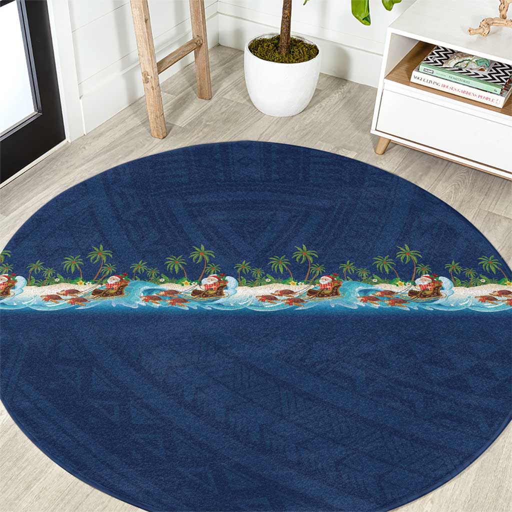 Hawaii Santa Riding Sea Turtle Round Carpet Mele Kalikimaka Polynesian Pattern - Polynesian Pride