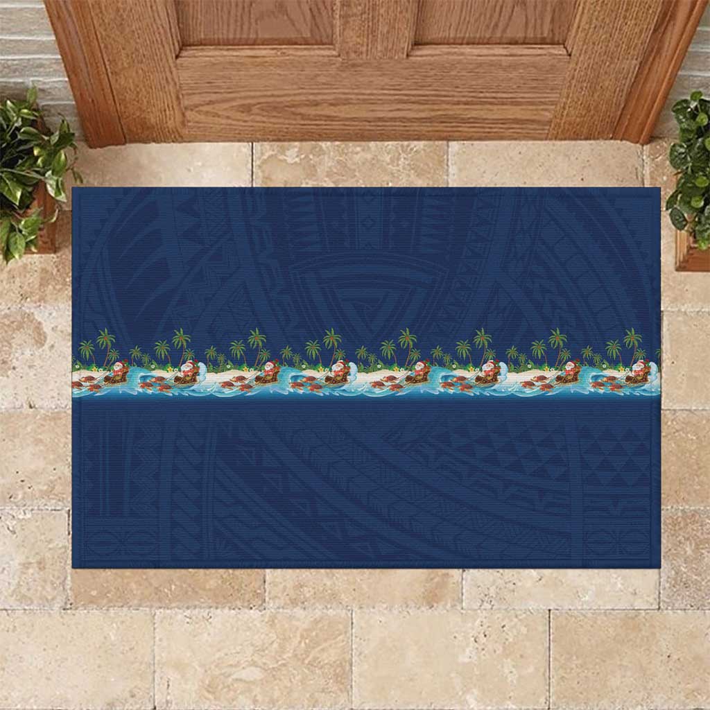 Hawaii Santa Riding Sea Turtle Rubber Doormat Mele Kalikimaka Polynesian Pattern LT01 Blue - Polynesian Pride