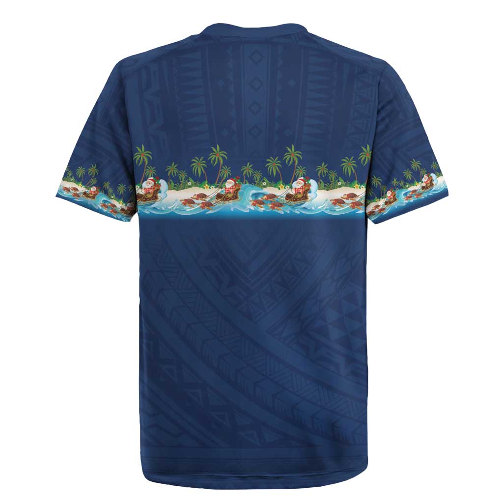 Hawaii Santa Riding Sea Turtle Rugby Jersey Mele Kalikimaka Polynesian Pattern - Polynesian Pride