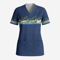 Hawaii Santa Riding Sea Turtle Scrub Top Mele Kalikimaka Polynesian Pattern LT01 Adult Blue - Polynesian Pride