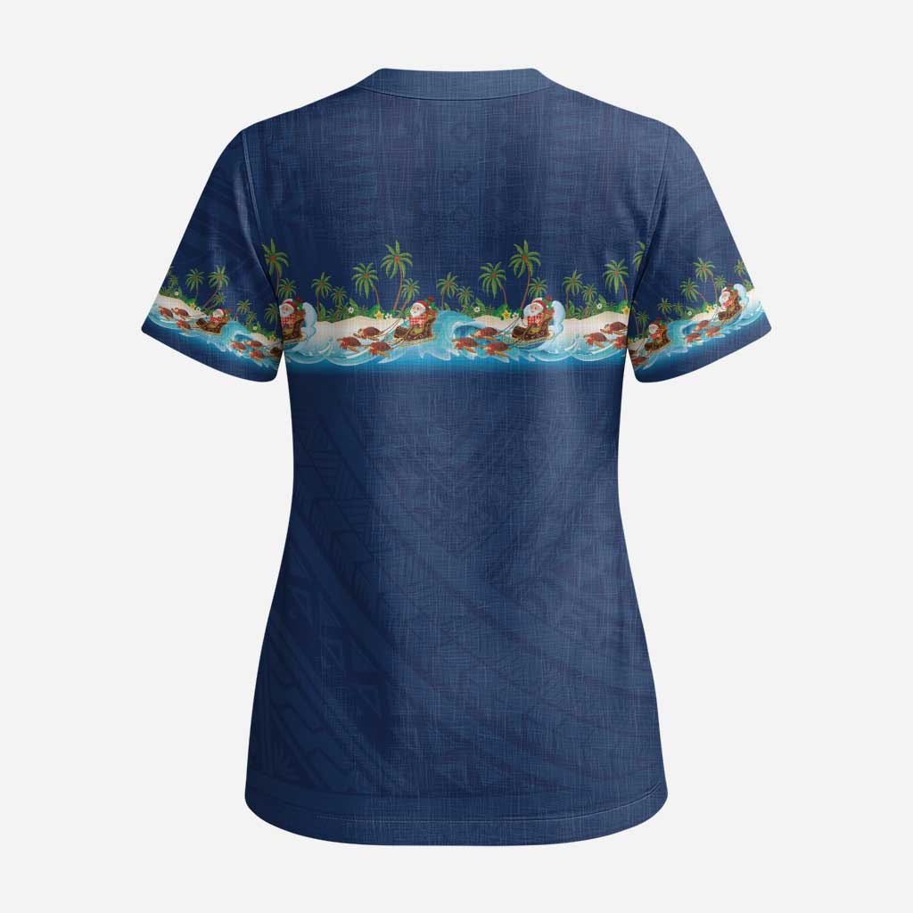 Hawaii Santa Riding Sea Turtle Scrub Top Mele Kalikimaka Polynesian Pattern LT01 - Polynesian Pride