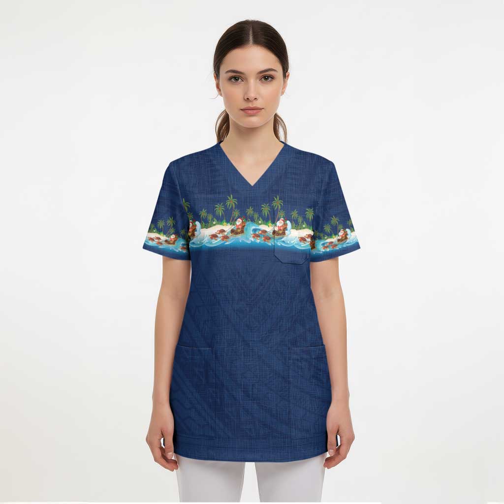 Hawaii Santa Riding Sea Turtle Scrub Top Mele Kalikimaka Polynesian Pattern LT01 - Polynesian Pride