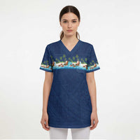 Hawaii Santa Riding Sea Turtle Scrub Top Mele Kalikimaka Polynesian Pattern LT01 - Polynesian Pride