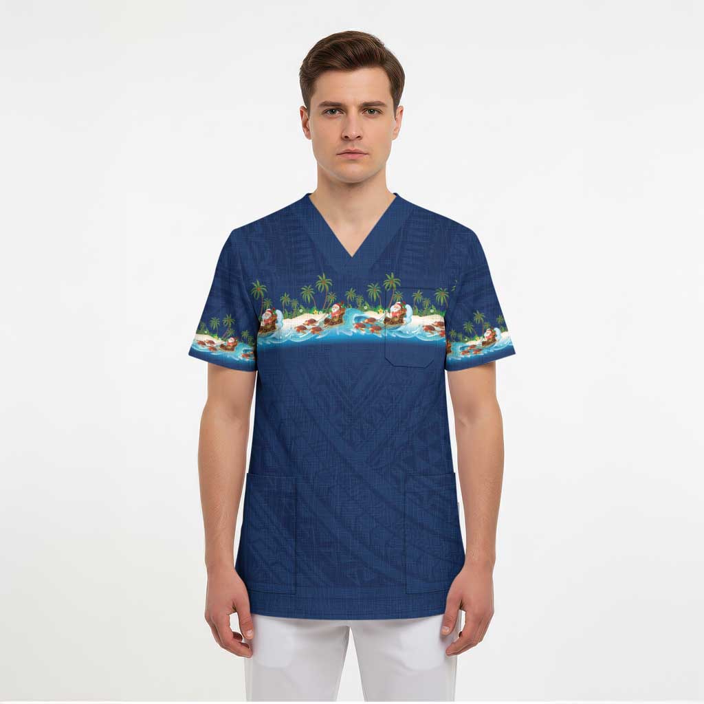 Hawaii Santa Riding Sea Turtle Scrub Top Mele Kalikimaka Polynesian Pattern LT01 - Polynesian Pride