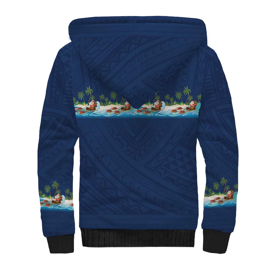 Hawaii Santa Riding Sea Turtle Sherpa Hoodie Mele Kalikimaka Polynesian Pattern - Polynesian Pride