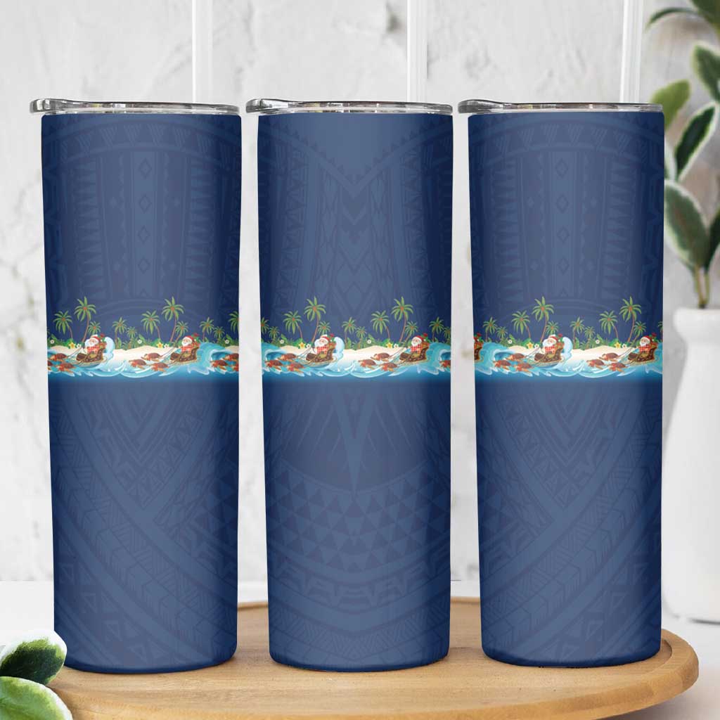Hawaii Santa Riding Sea Turtle Skinny Tumbler Mele Kalikimaka Polynesian Pattern - Polynesian Pride