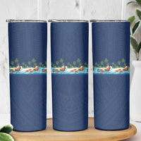 Hawaii Santa Riding Sea Turtle Skinny Tumbler Mele Kalikimaka Polynesian Pattern - Polynesian Pride