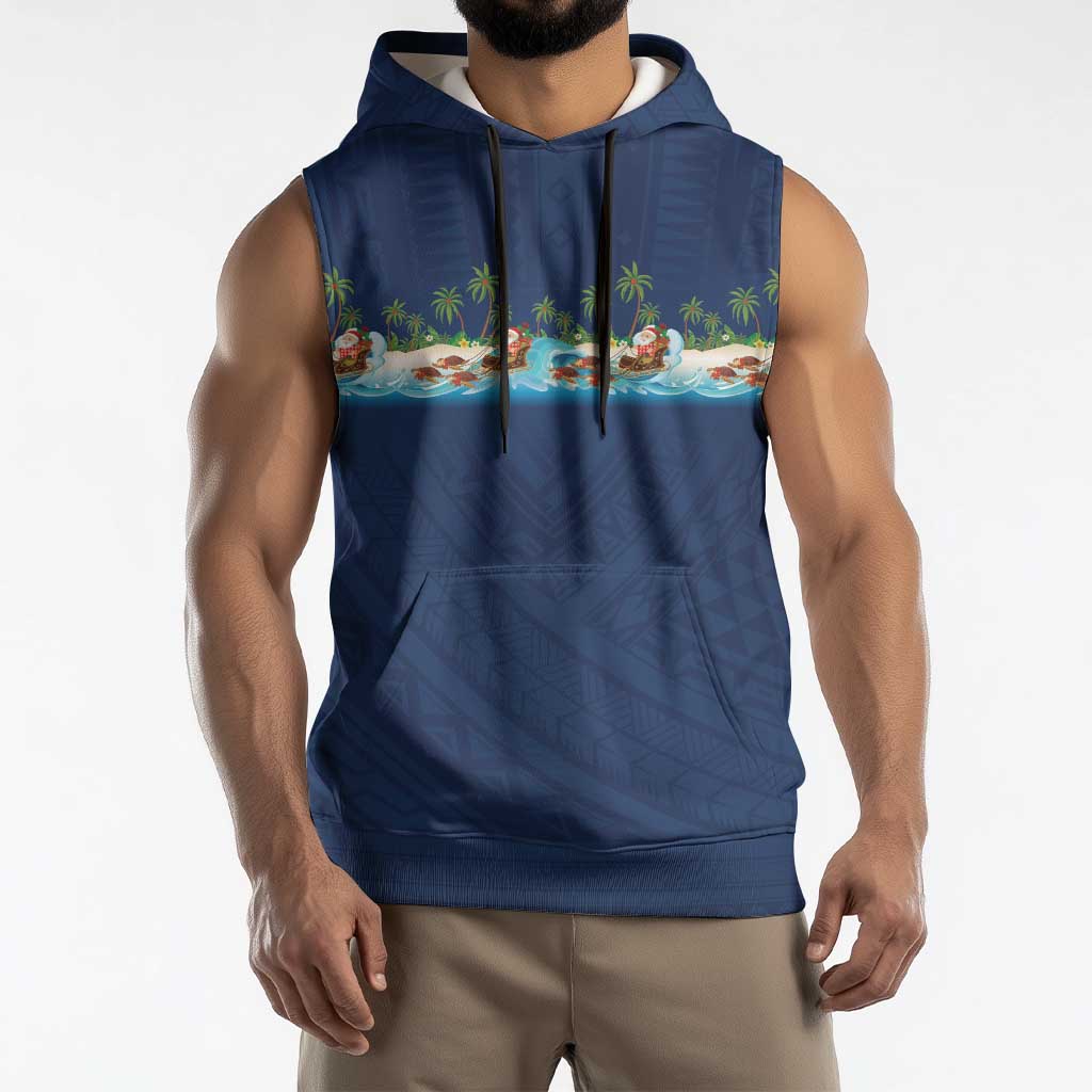 Hawaii Santa Riding Sea Turtle Sleeveless Hoodie Mele Kalikimaka Polynesian Pattern LT01 - Polynesian Pride