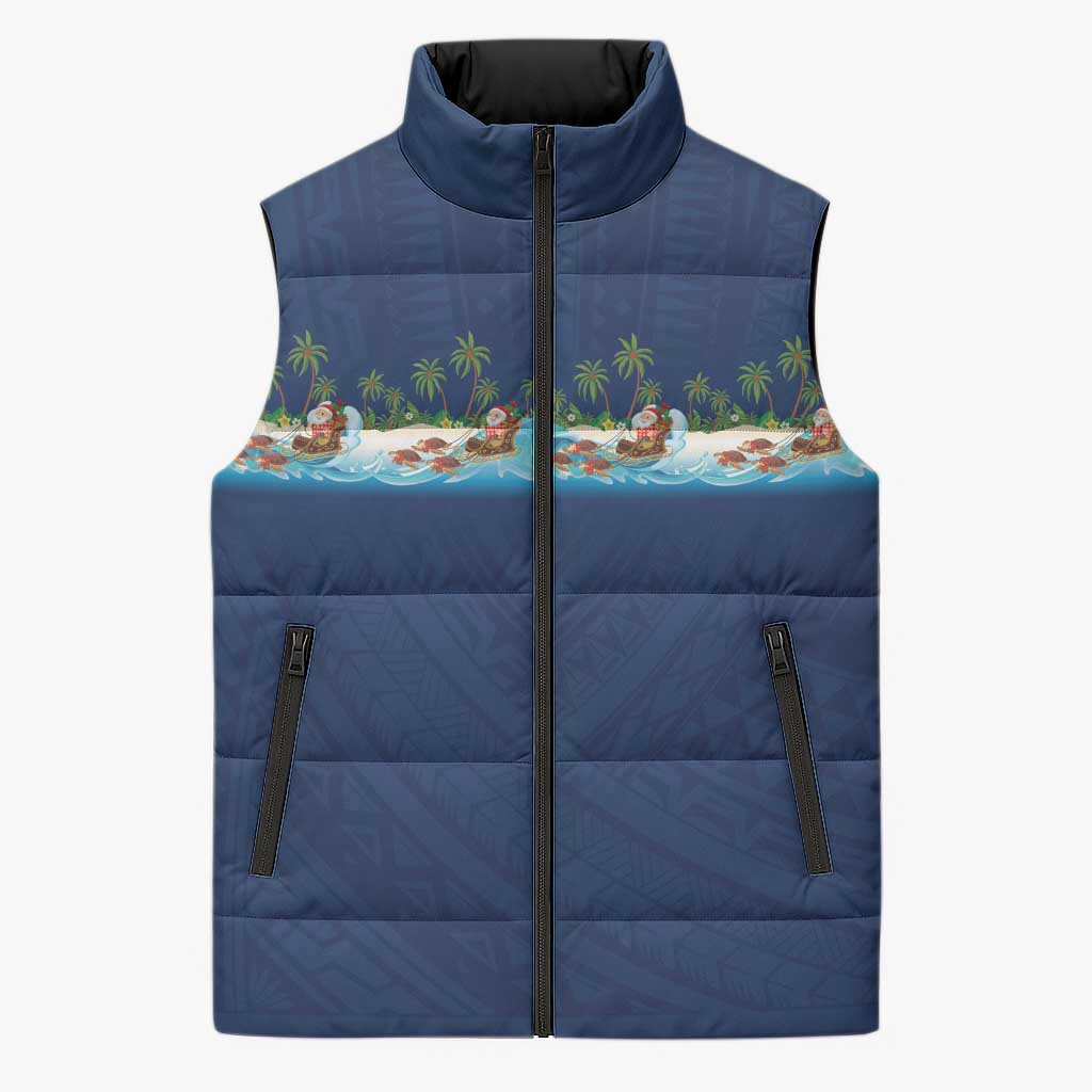 Hawaii Santa Riding Sea Turtle Sleeveless Puffer Jacket Mele Kalikimaka Polynesian Pattern LT01 Unisex Blue - Polynesian Pride