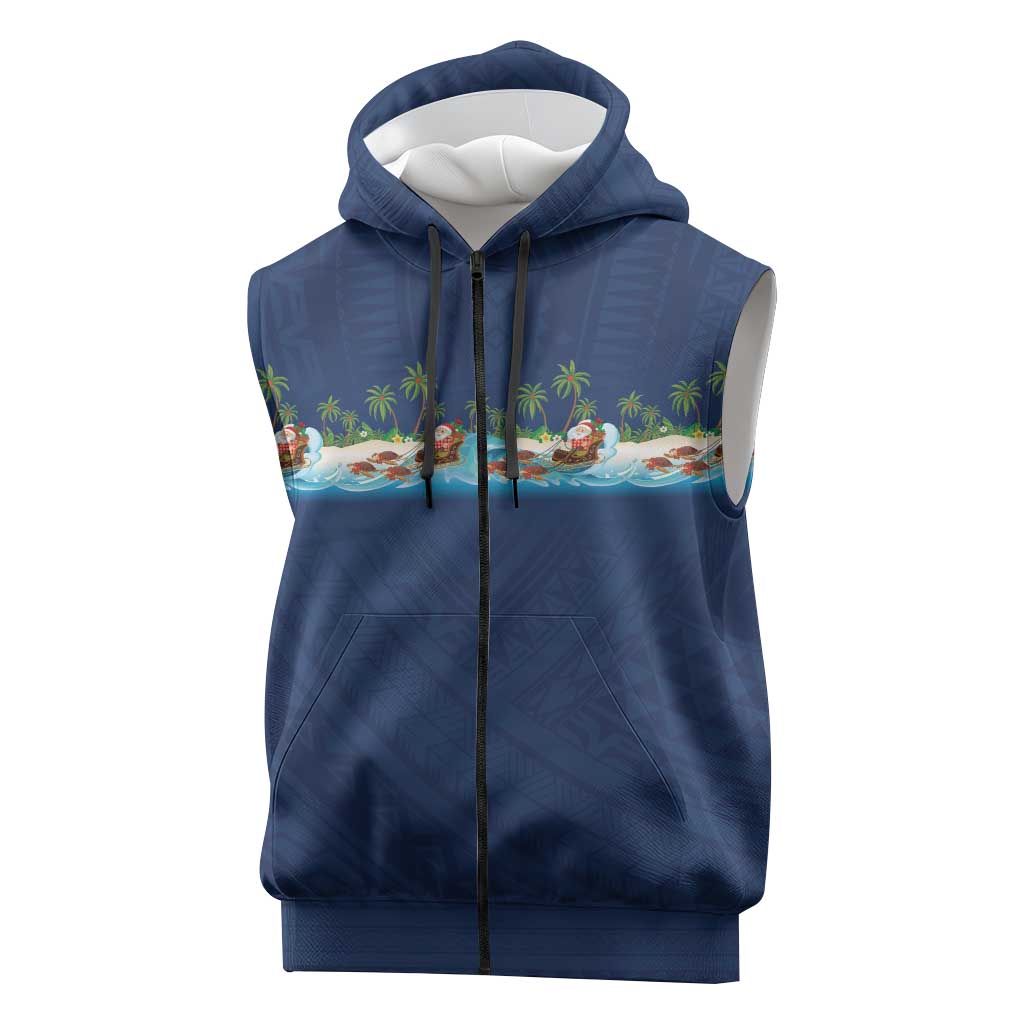 Hawaii Santa Riding Sea Turtle Sleeveless Zip Hoodie Mele Kalikimaka Polynesian Pattern LT01 Blue - Polynesian Pride