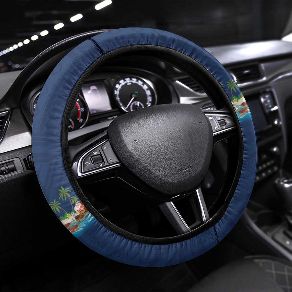 Hawaii Santa Riding Sea Turtle Steering Wheel Cover Mele Kalikimaka Polynesian Pattern - Polynesian Pride