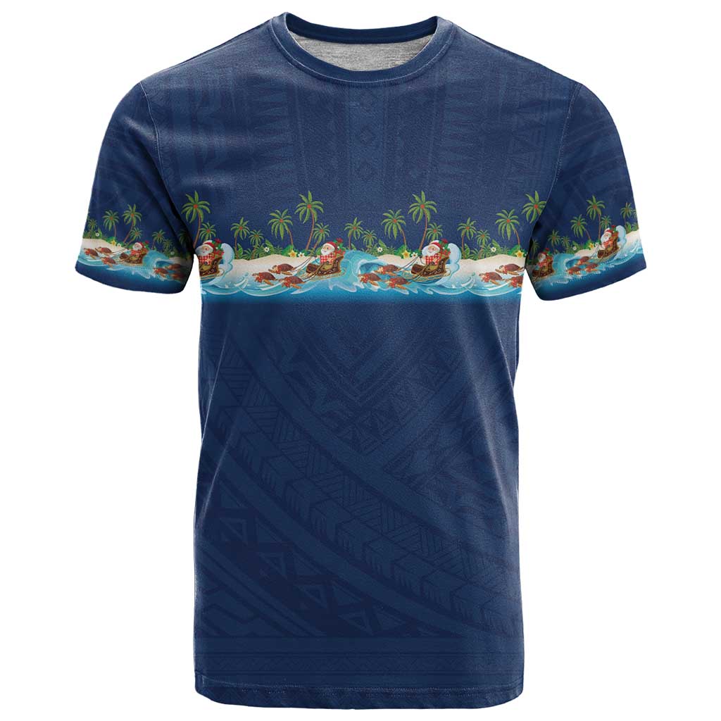 Hawaii Santa Riding Sea Turtle T Shirt Mele Kalikimaka Polynesian Pattern - Polynesian Pride