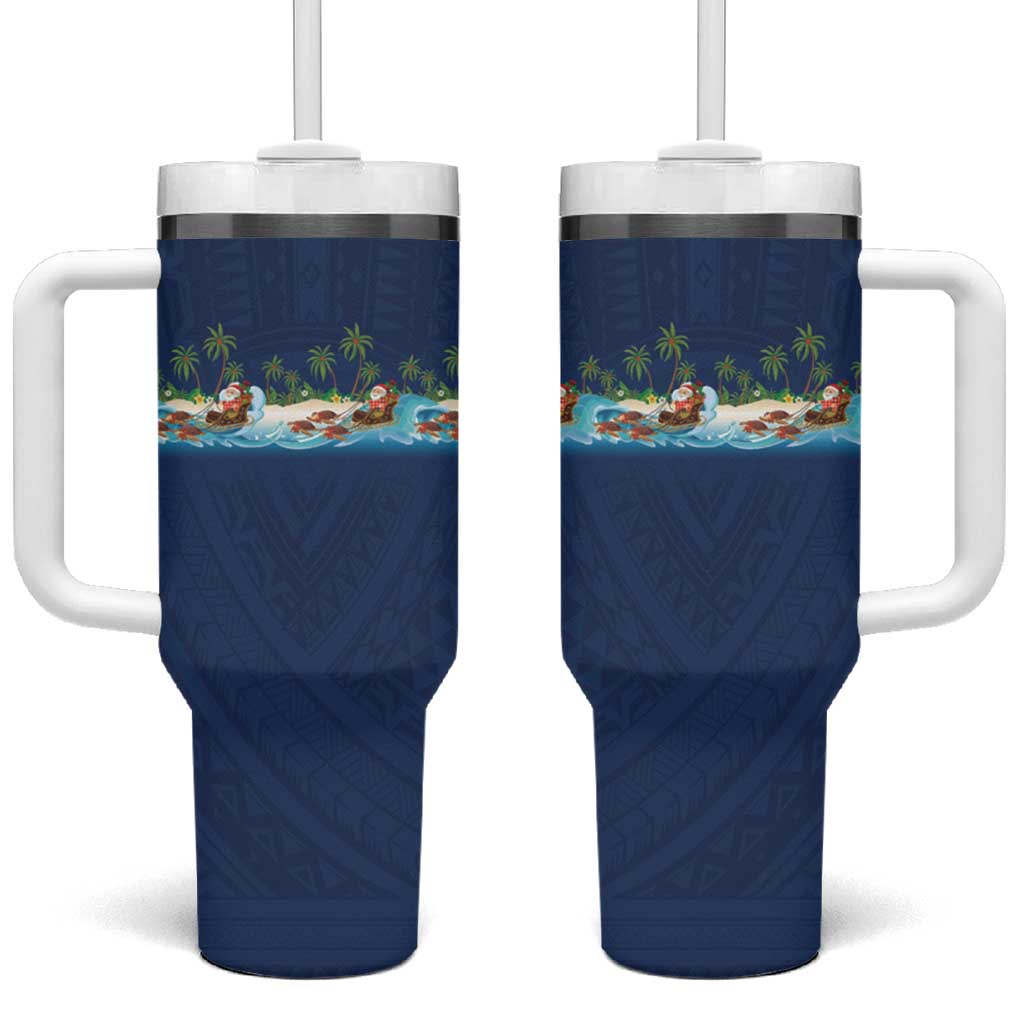 Hawaii Santa Riding Sea Turtle Tumbler With Handle Mele Kalikimaka Polynesian Pattern - Polynesian Pride