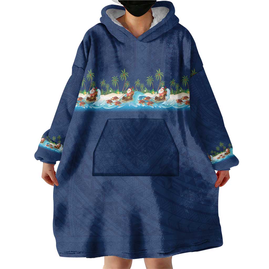Hawaii Santa Riding Sea Turtle Wearable Blanket Hoodie Mele Kalikimaka Polynesian Pattern LT01 - Polynesian Pride