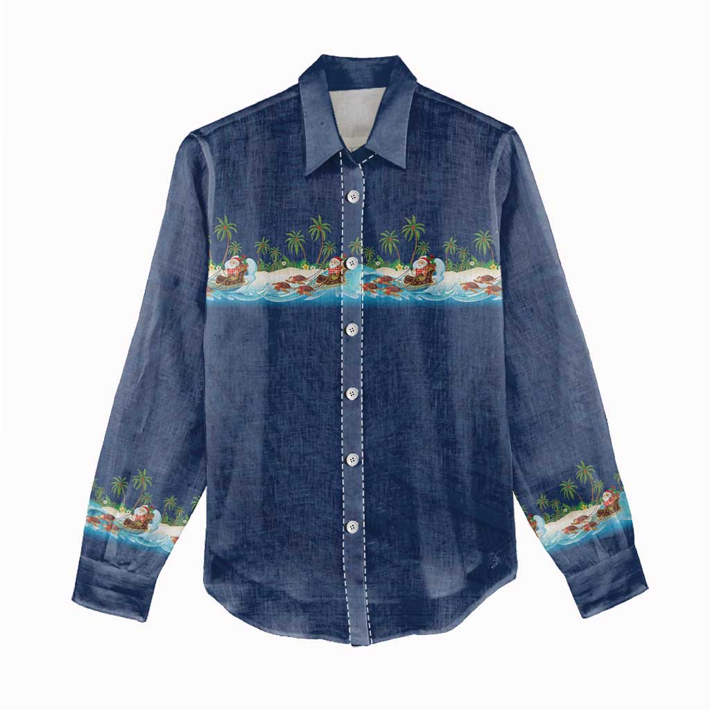 Hawaii Santa Riding Sea Turtle Women Casual Shirt Mele Kalikimaka Polynesian Pattern - Polynesian Pride
