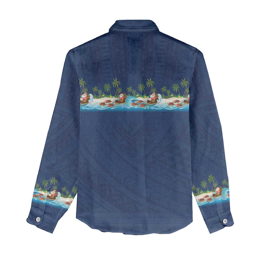 Hawaii Santa Riding Sea Turtle Women Casual Shirt Mele Kalikimaka Polynesian Pattern - Polynesian Pride