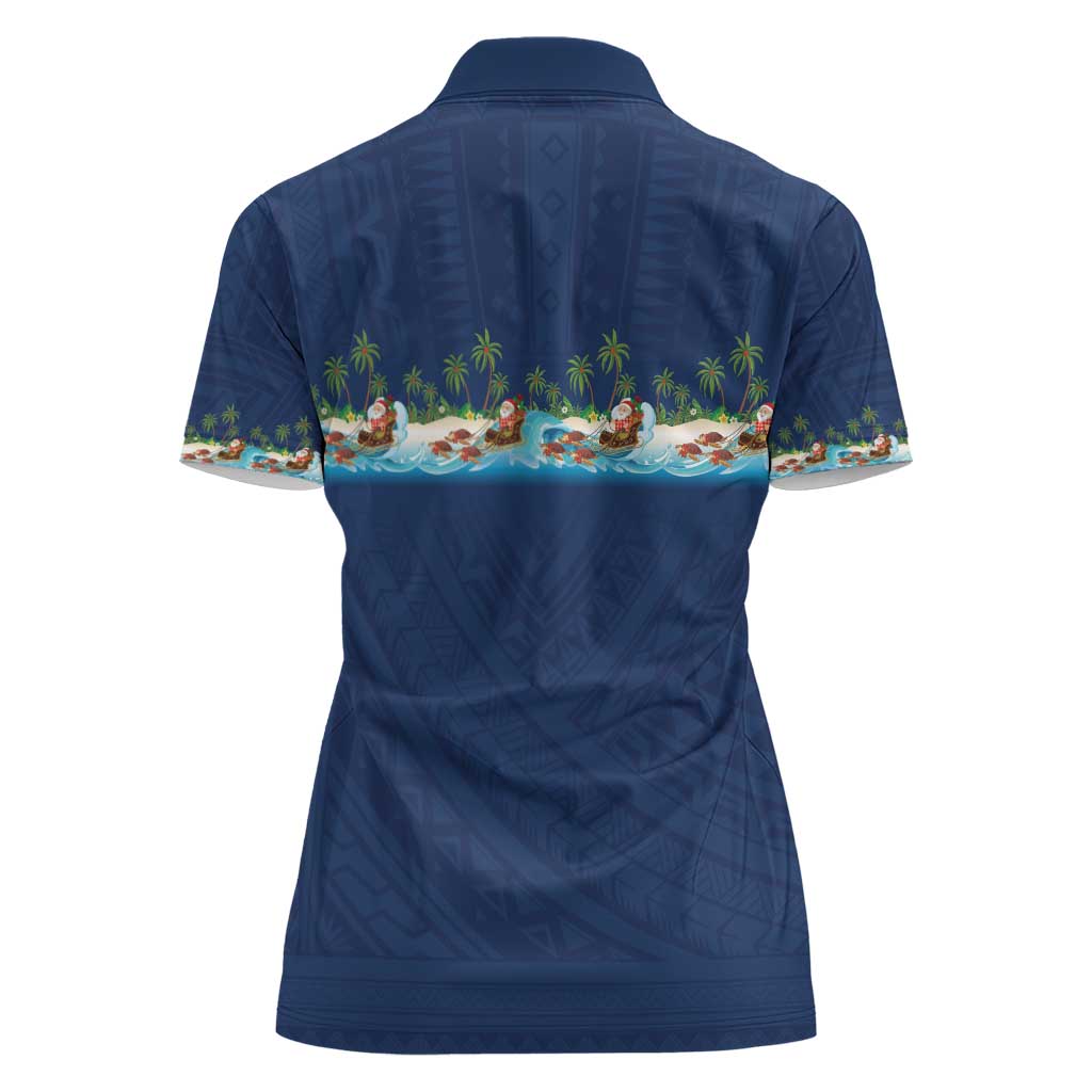 Hawaii Santa Riding Sea Turtle Women Polo Shirt Mele Kalikimaka Polynesian Pattern - Polynesian Pride