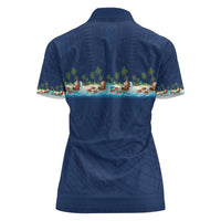 Hawaii Santa Riding Sea Turtle Women Polo Shirt Mele Kalikimaka Polynesian Pattern - Polynesian Pride