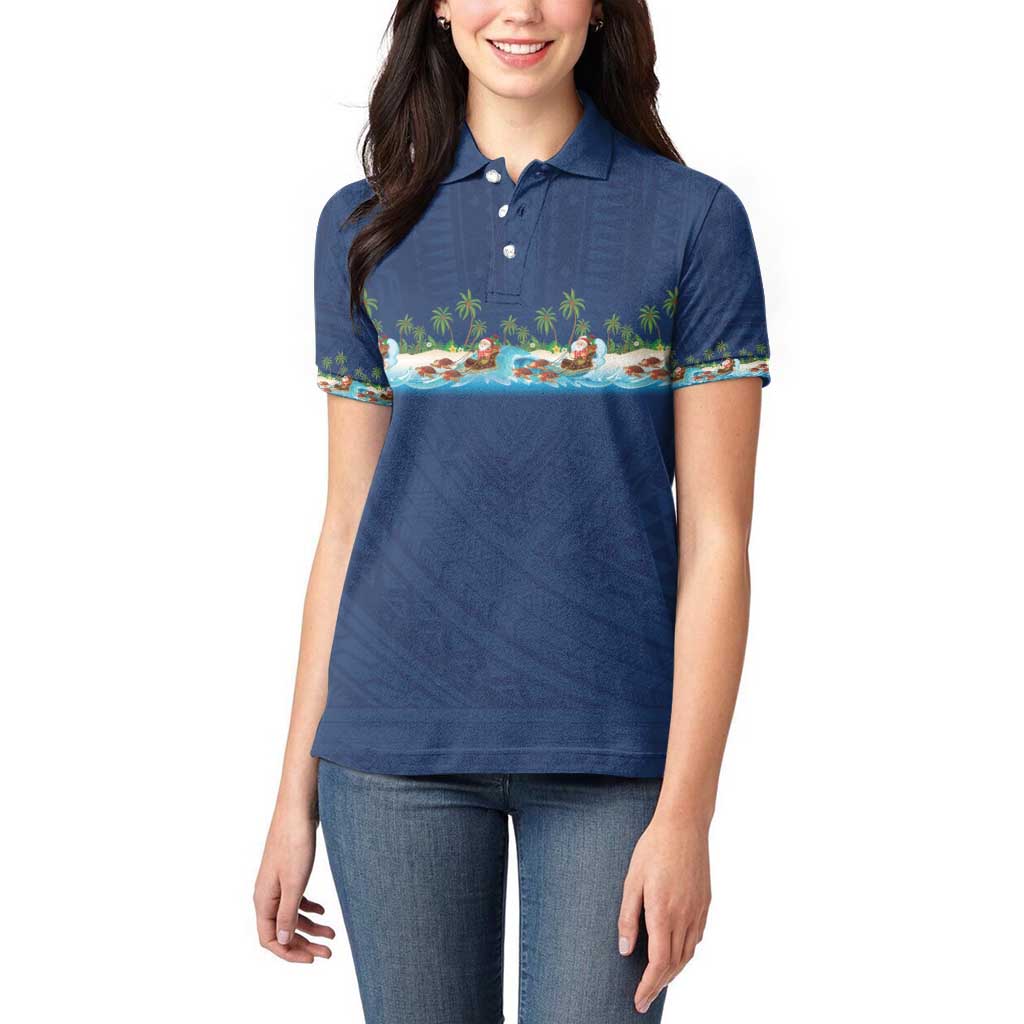 Hawaii Santa Riding Sea Turtle Women Polo Shirt Mele Kalikimaka Polynesian Pattern - Polynesian Pride