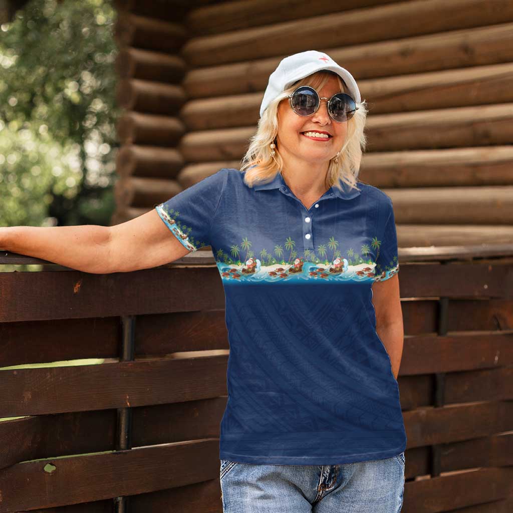 Hawaii Santa Riding Sea Turtle Women Polo Shirt Mele Kalikimaka Polynesian Pattern - Polynesian Pride