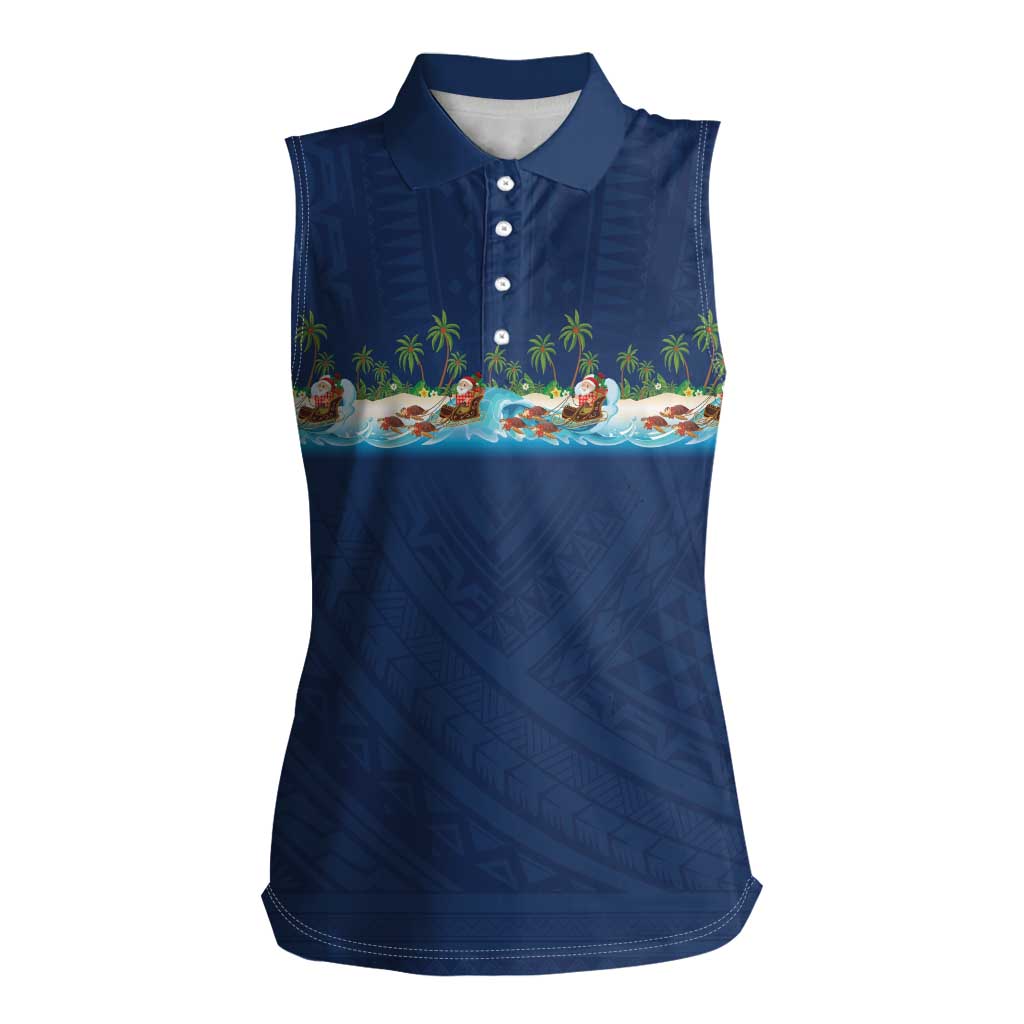 Hawaii Santa Riding Sea Turtle Women Sleeveless Polo Shirt Mele Kalikimaka Polynesian Pattern LT01 Female Blue - Polynesian Pride