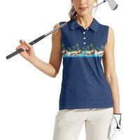 Hawaii Santa Riding Sea Turtle Women Sleeveless Polo Shirt Mele Kalikimaka Polynesian Pattern - Polynesian Pride
