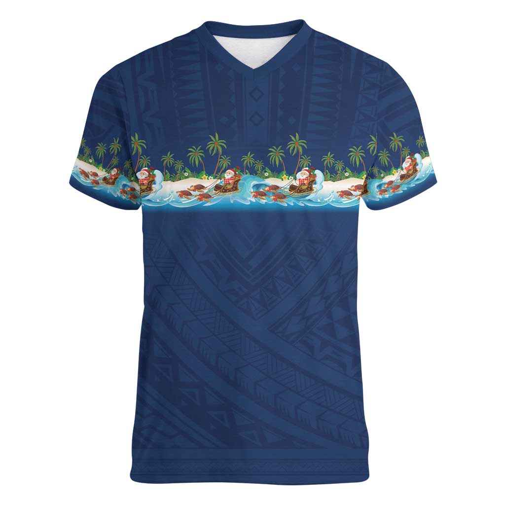 Hawaii Santa Riding Sea Turtle Women V-Neck T-Shirt Mele Kalikimaka Polynesian Pattern LT01 Female Blue - Polynesian Pride