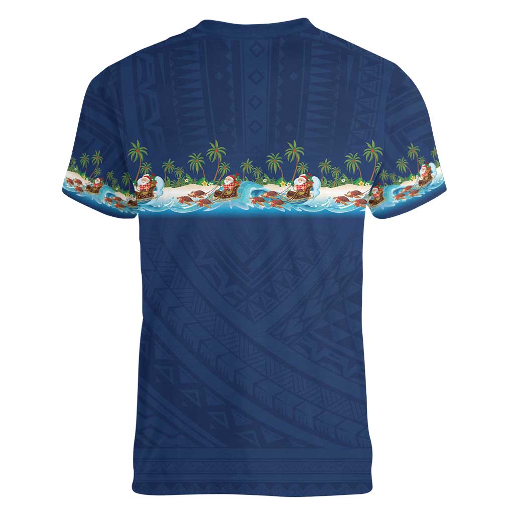 Hawaii Santa Riding Sea Turtle Women V-Neck T-Shirt Mele Kalikimaka Polynesian Pattern LT01 - Polynesian Pride