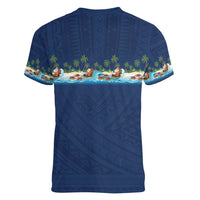 Hawaii Santa Riding Sea Turtle Women V-Neck T-Shirt Mele Kalikimaka Polynesian Pattern LT01 - Polynesian Pride