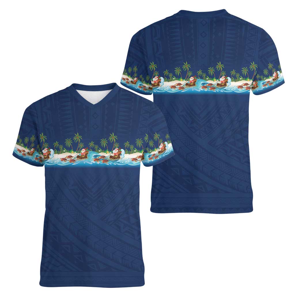 Hawaii Santa Riding Sea Turtle Women V-Neck T-Shirt Mele Kalikimaka Polynesian Pattern LT01 - Polynesian Pride