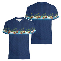 Hawaii Santa Riding Sea Turtle Women V-Neck T-Shirt Mele Kalikimaka Polynesian Pattern LT01 - Polynesian Pride