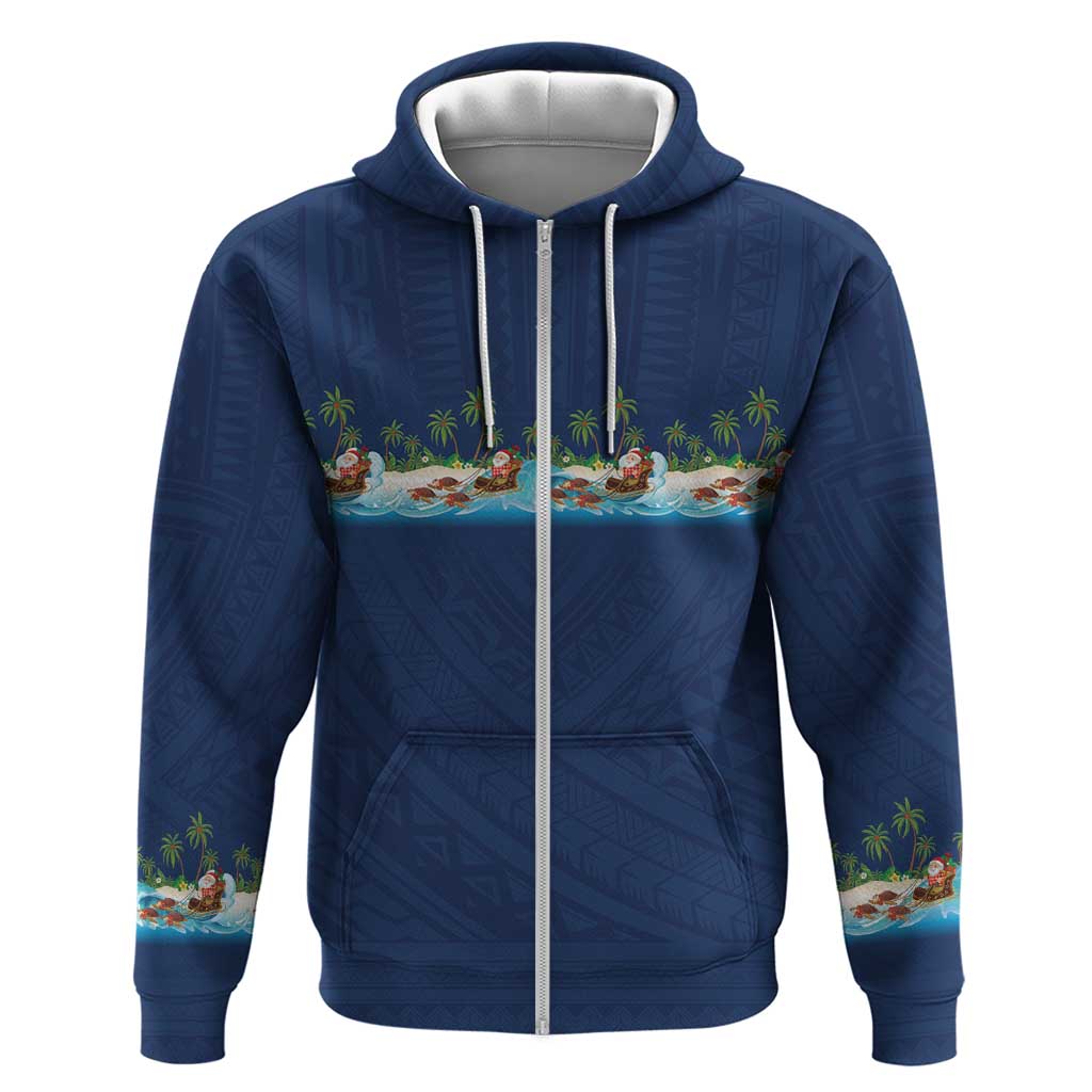 Hawaii Santa Riding Sea Turtle Zip Hoodie Mele Kalikimaka Polynesian Pattern LT01 Zip Hoodie Blue - Polynesian Pride