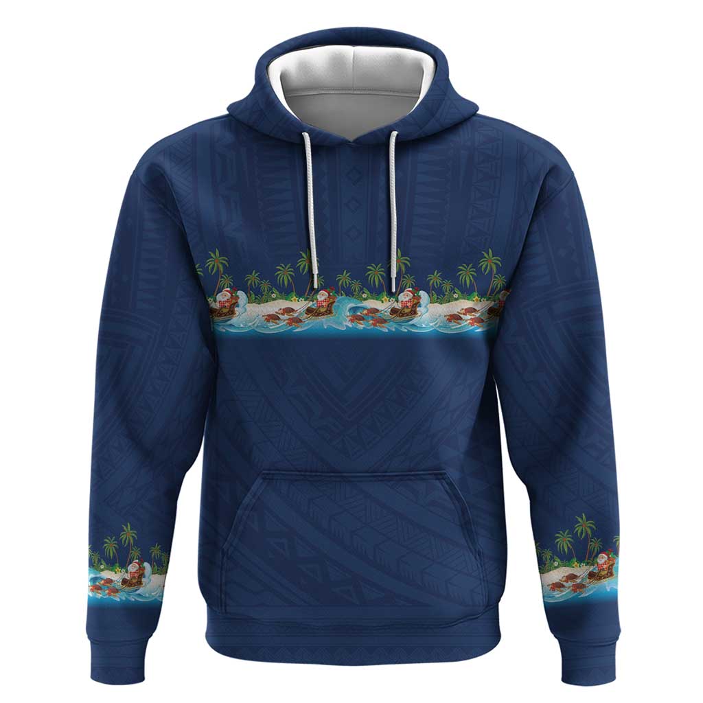 Hawaii Santa Riding Sea Turtle Zip Hoodie Mele Kalikimaka Polynesian Pattern LT01 Pullover Hoodie Blue - Polynesian Pride