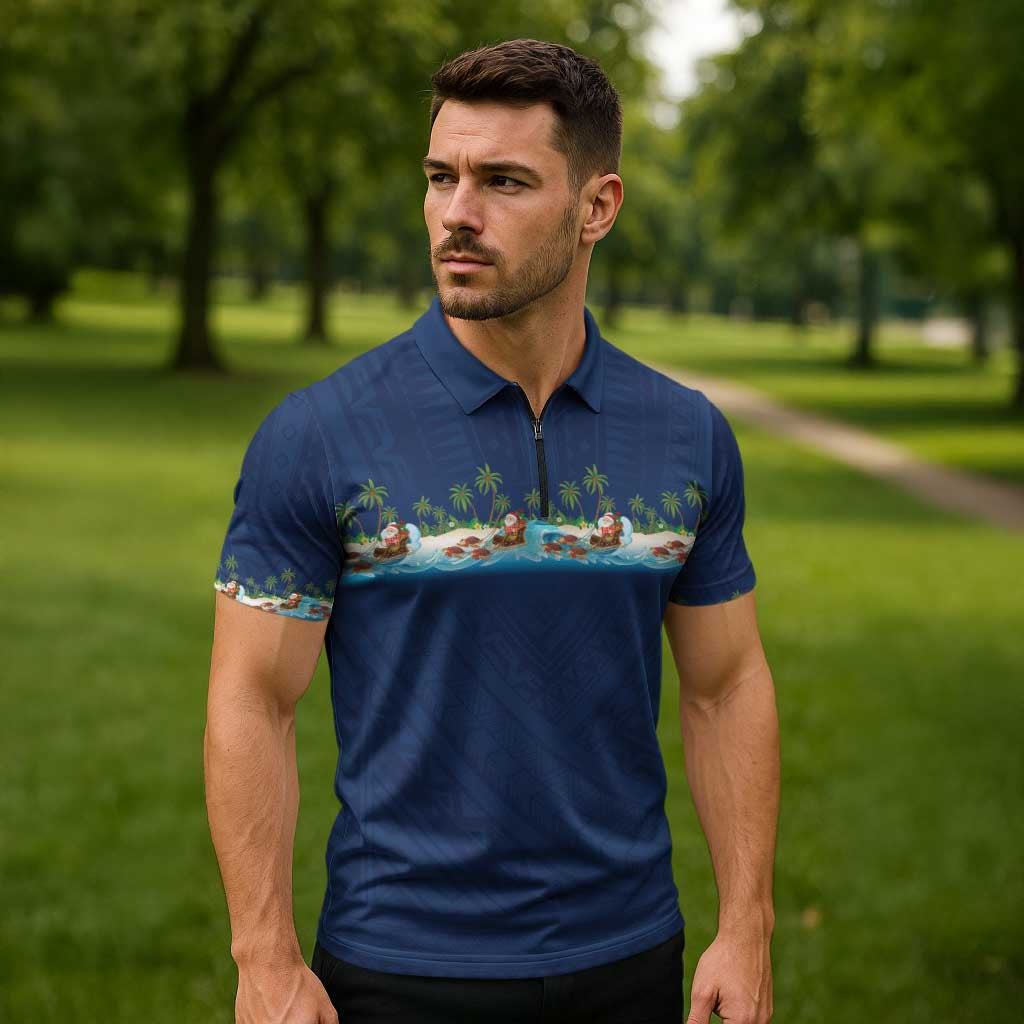 Hawaii Santa Riding Sea Turtle Zipper Polo Shirt Mele Kalikimaka Polynesian Pattern - Polynesian Pride