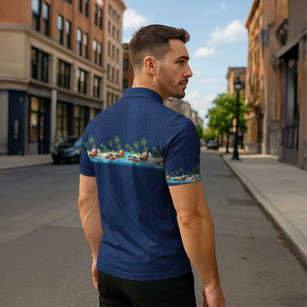 Hawaii Santa Riding Sea Turtle Zipper Polo Shirt Mele Kalikimaka Polynesian Pattern - Polynesian Pride