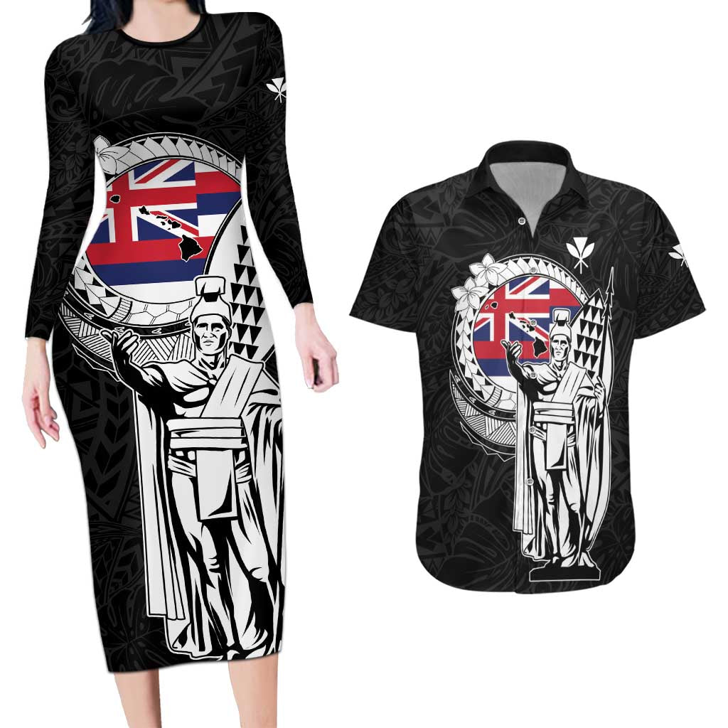 Personalized Hawaii King Kamehameha Couples Matching Long Sleeve Bodycon Dress and Hawaiian Shirt Flag Polynesian Pattern LT01 Black - Polynesian Pride