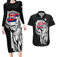 Personalized Hawaii King Kamehameha Couples Matching Long Sleeve Bodycon Dress and Hawaiian Shirt Flag Polynesian Pattern LT01 Black - Polynesian Pride