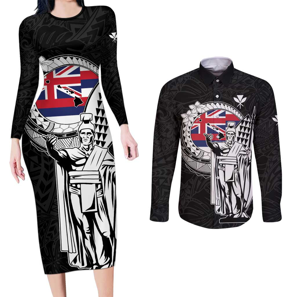 Personalized Hawaii King Kamehameha Couples Matching Long Sleeve Bodycon Dress and Long Sleeve Button Shirt Flag Polynesian Pattern LT01 Black - Polynesian Pride