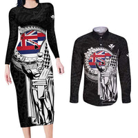 Personalized Hawaii King Kamehameha Couples Matching Long Sleeve Bodycon Dress and Long Sleeve Button Shirt Flag Polynesian Pattern LT01 Black - Polynesian Pride