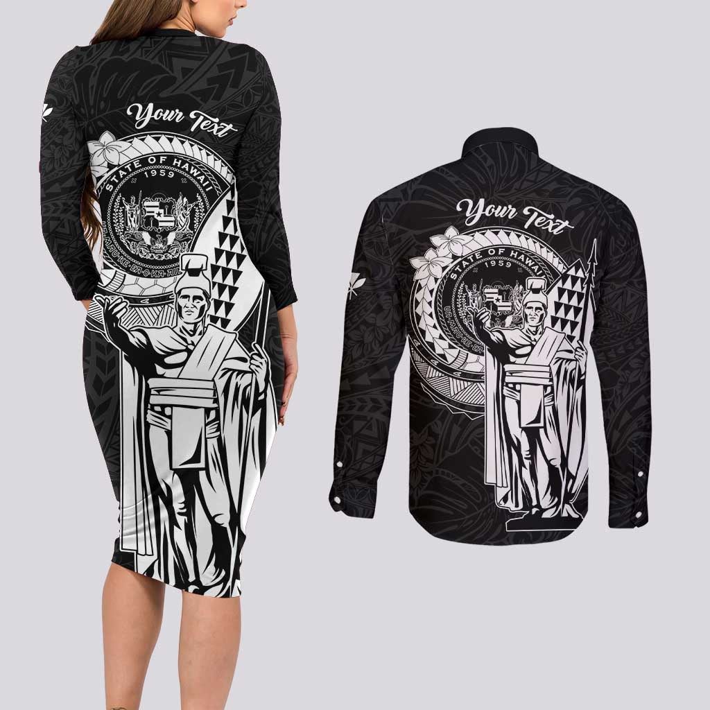 Personalized Hawaii King Kamehameha Couples Matching Long Sleeve Bodycon Dress and Long Sleeve Button Shirt Flag Polynesian Pattern LT01 - Polynesian Pride