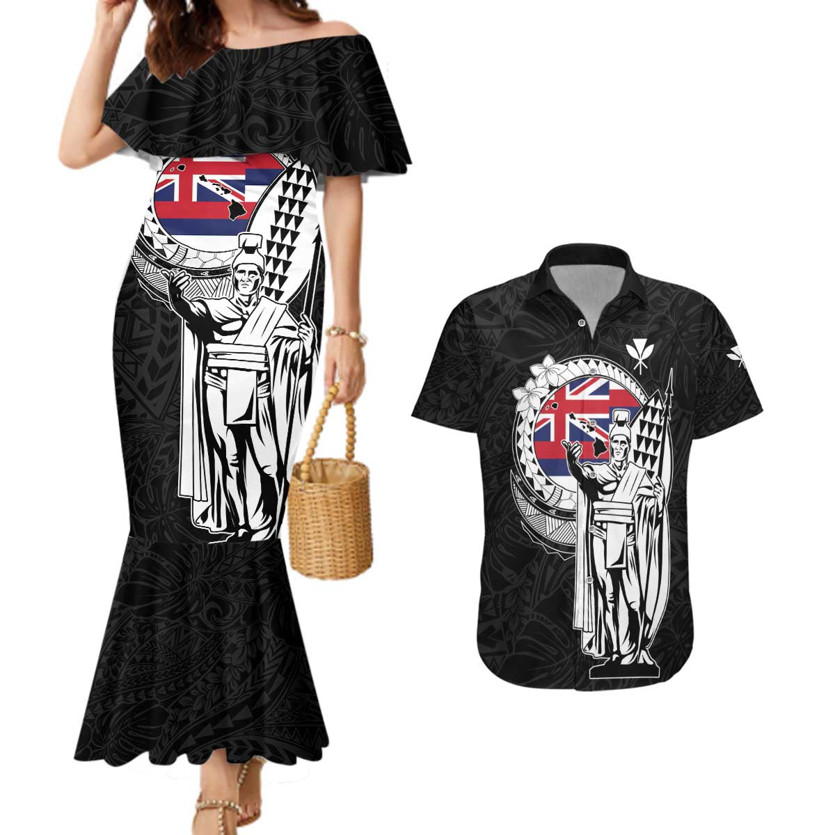 Personalized Hawaii King Kamehameha Couples Matching Mermaid Dress and Hawaiian Shirt Flag Polynesian Pattern LT01 Black - Polynesian Pride